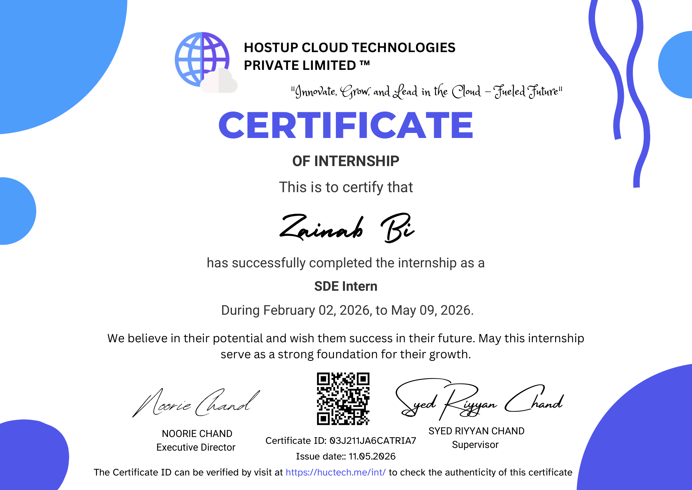 Screenshot of internship certificate