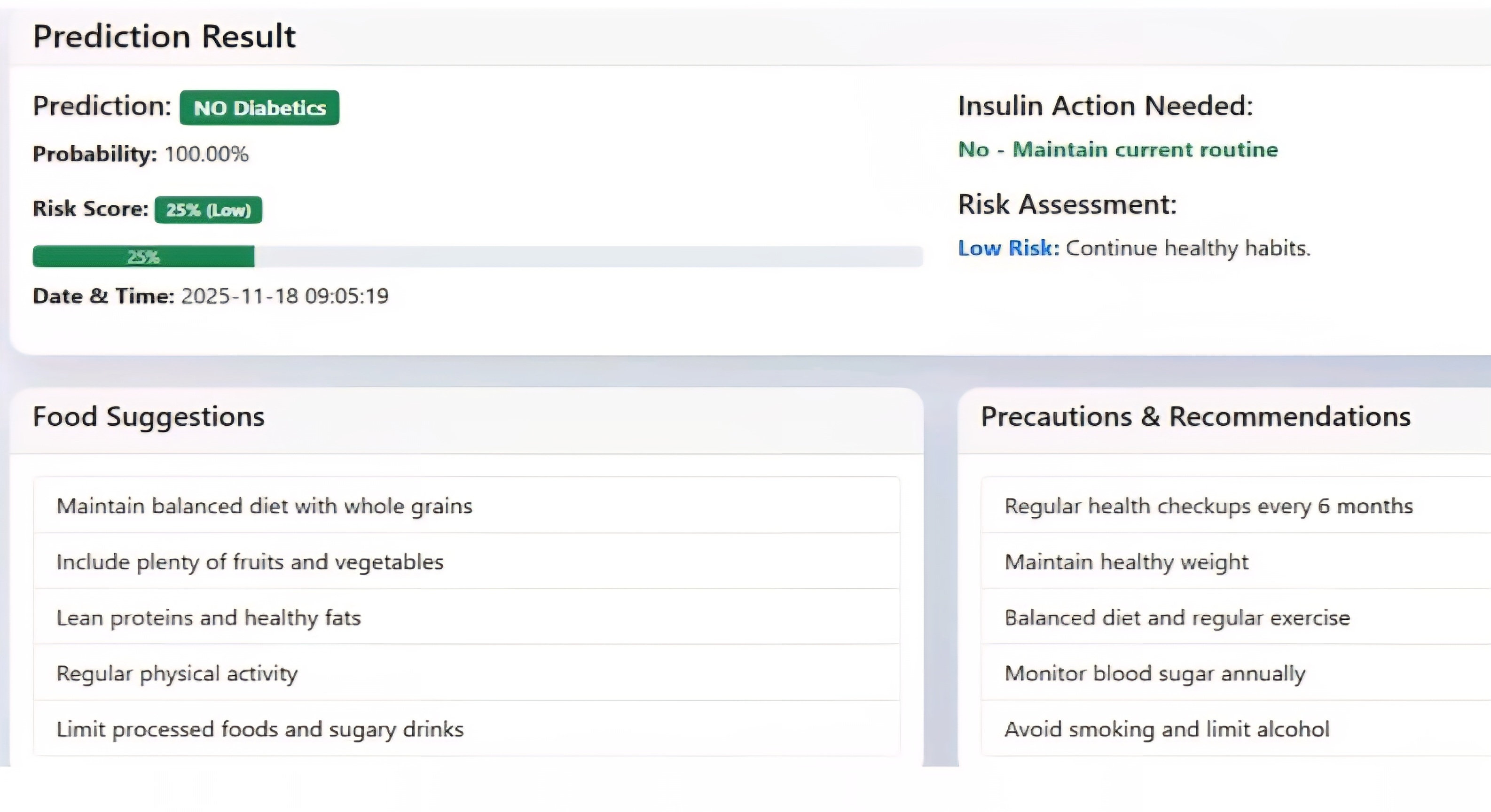 Screenshot of the glycemic control classifier output